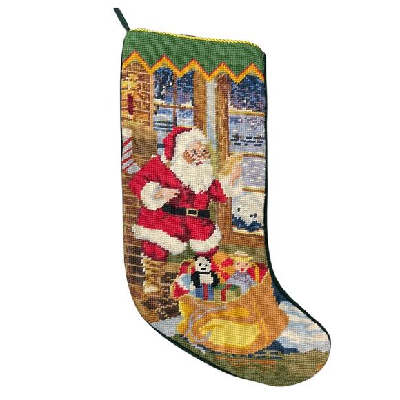 Vintage Santa Wool Needlepoint Christmas Stocking Velvet Back Holiday Decoration - Picture 1 of 6